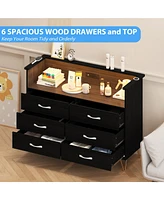 gaomon Dresser for Bedroom with Led Light & Charging Station, 6 Wooden Drawers Dressers with 2-Tier Open Shelves