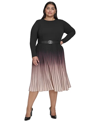 Dkny Plus Ombre Belted Pleated-Skirt Long-Sleeve Dress