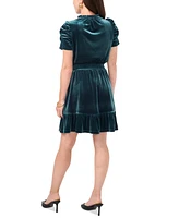 Msk Petite Ruffle-Neck Smocked-Waist Fit & Flare Velvet Dress