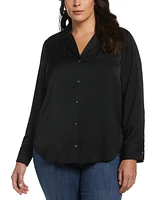 Rafaella Plus Notch Collar Silk Long Sleeve Button-Down Blouse