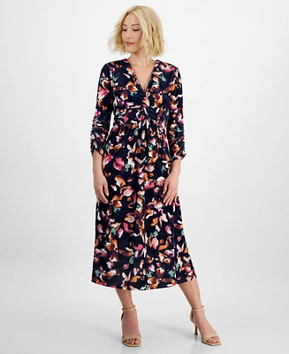 Jamie & Layla Petite Velvet Floral-Print Twist-Front Midi Dress