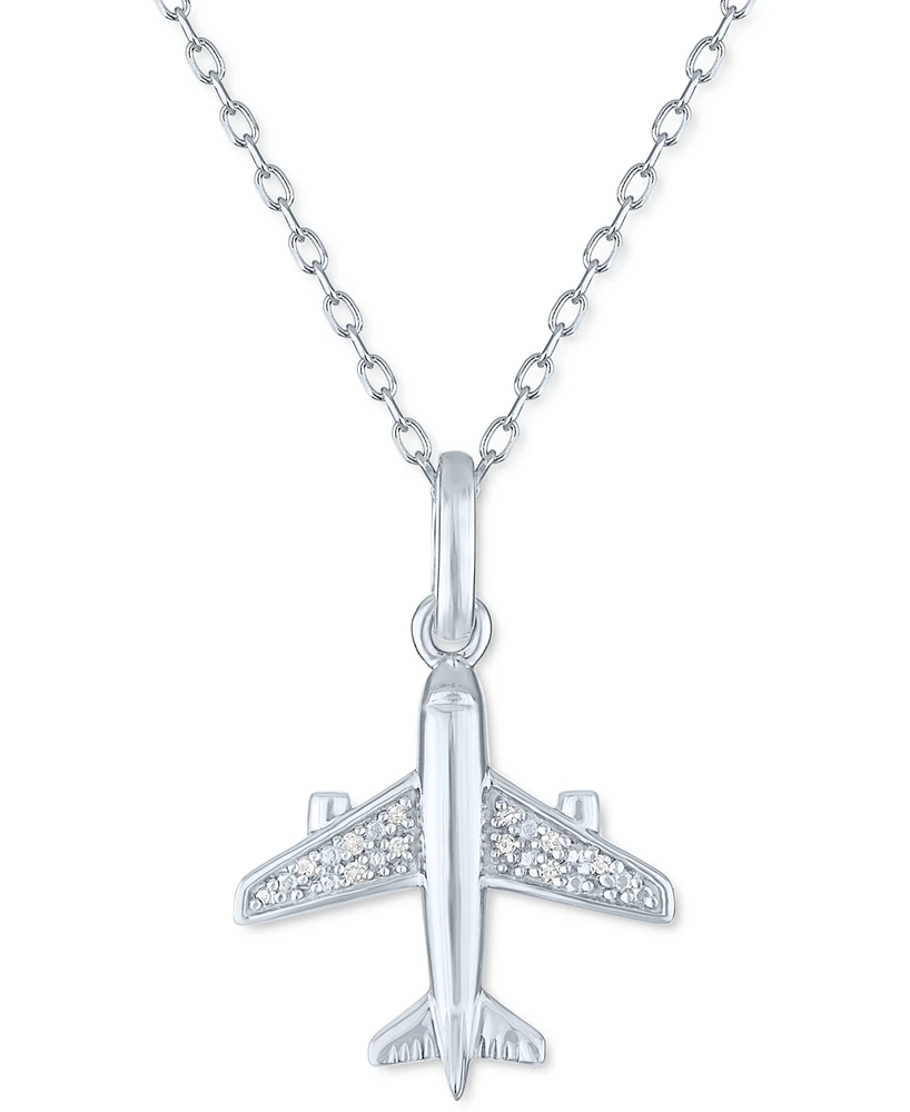 Diamond Accent Airplane Pendant Necklace in Sterling Silver, 16" + 2" extender