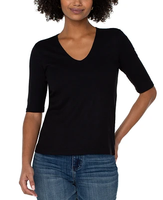 Liverpool Los Angeles Women's V-Neck Elbow-Sleeve Knit Top