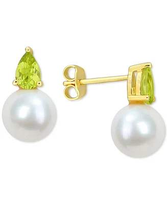 Cultured Freshwater Pearl (8-1/2mm) and Birthstone Stud Earrings 18k Gold-Plated Sterling Silver, Rose Silver or