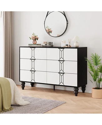 gaomon 6 Drawer Dresser with Deep Drawers for Bedroom, Modern Wooden Chest Dresser with Deep Drawers with Vintage Pattern Design, Metal Handle, Black