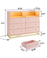 gaomon 6 Drawer Double Dresser Tv Stand with Power Outlet & Led Light - Wood Dresser for Nursery, Living Room, Hallway