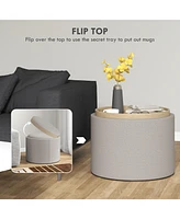 Round Storage Ottoman Coffee Table with Flip Top Tray, Gray