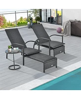 2 Pcs Patio Wicker Elastic Sponge Lounge Chair Back Adjustable with Ottoman