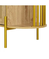 Elegant Curved Dining Cabinet with Woven Rattan Doors (Black)