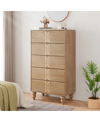 gaomon 5 Drawer Dresser with Deep Drawers for Bedroom, Modern Wooden Chest Dresser with Deep Drawers with Vintage Pattern Design, Oak and Gold_48.23"D