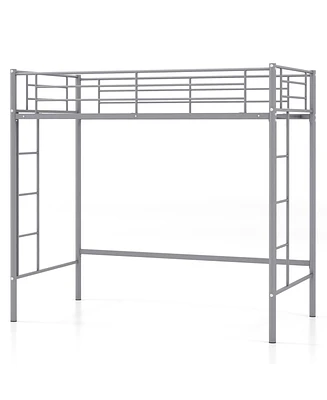 Gymax Twin Metal Loft Bed Frame w/ 2 Ladders Full-length Guardrail Space-Saving Silver