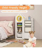 Gymax Kids Toy Storage Organizer Multipurpose Bookshelf w/ Cabinets & Mobile Trolley