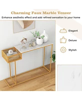 Sugift Rectangular White Faux Marble Console Table with Storage-Gold