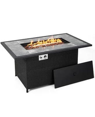 Sugift 52 Inch Rattan Wicker Propane Fire Pit Table with Rain Cover and Lava Rock-Black