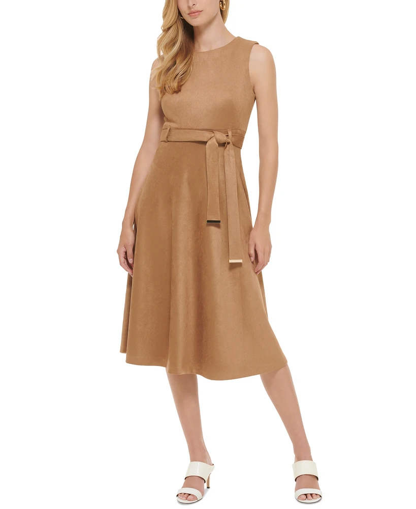 Calvin Klein Women's Faux-Suede Belted Midi Dress