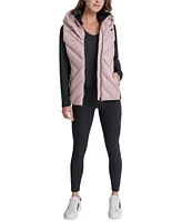 Dkny Women's Hooded Puffer Vest with Contrast Scuba and Teddy Faux Fur Collar