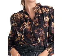 Elan Women's Cotton Floral-Print Ruffled Split-Neck Top