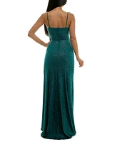 Emerald Sundae Juniors' Glitter Draped Front Gown