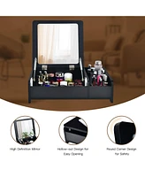 Sugift Compact Bay Window Makeup Dressing Table with Flip-Top Mirror-Black