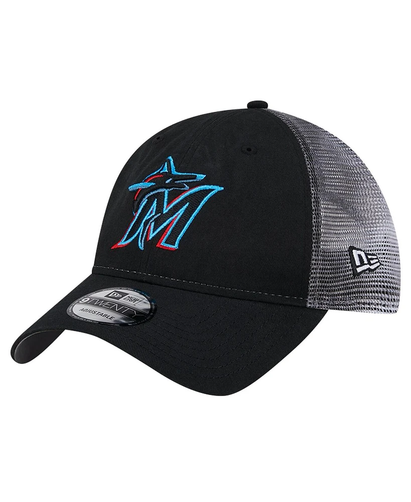 New Era Men's Black Miami Marlins Team Slick Trucker 9TWENTY Adjustable Hat