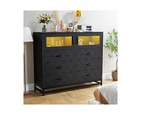 gaomon Dresser for Bedroom with Led Lights and Charging Station, 6 Drawer Double Dresser with 2 Shelves, Wide Modern Wooden Chest of Drawers for Bedro