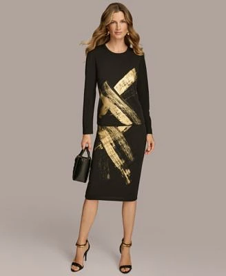 Donna Karan New York Womens Metallic Print Long Sleeve Top Pencil Skirt