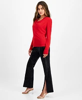 Bar Iii Petite Long-Sleeve Knit Cowlneck Top, Created for Macy's