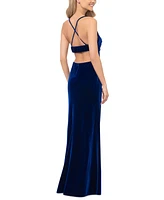 Blondie Nites Juniors' Velvet Draped-Bodice Open-Back Gown