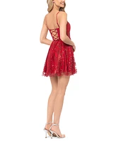 Blondie Nites Juniors' Glitter Illusion Corset Mesh Fit & Flare Dress