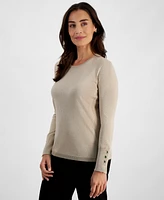 Jm Collection Petite Lurex Metallic Crewneck Button-Cuff Sweater, Created for Macy's