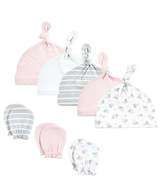 Hudson Baby Baby Girls Hudson Cotton Cap and Scratch Mitten Set, Pink Gray Floral, 0-6 Months