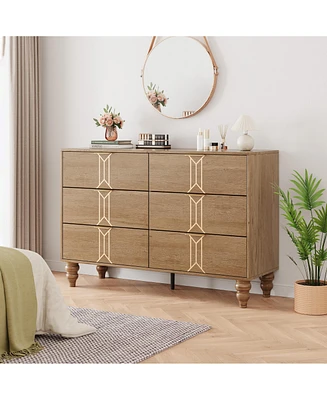 gaomon 6 Drawer Dresser with Deep Drawers for Bedroom, Modern Wooden Chest Dresser with Deep Drawers with Vintage Pattern Design, Metal Handle, Oak an