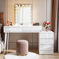 Tribesigns White Desk with 5 Drawers, Modern Home Office Desk with Storage Drawers and Printer Stand, Reversible Computer Desk Vanity Desk for Bedroom