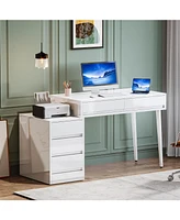 Tribesigns White Desk with 5 Drawers, Modern YFme Office Desk with Storage Drawers and Printer Stand, Reversible Computer Desk Vanity Desk for Bedroom