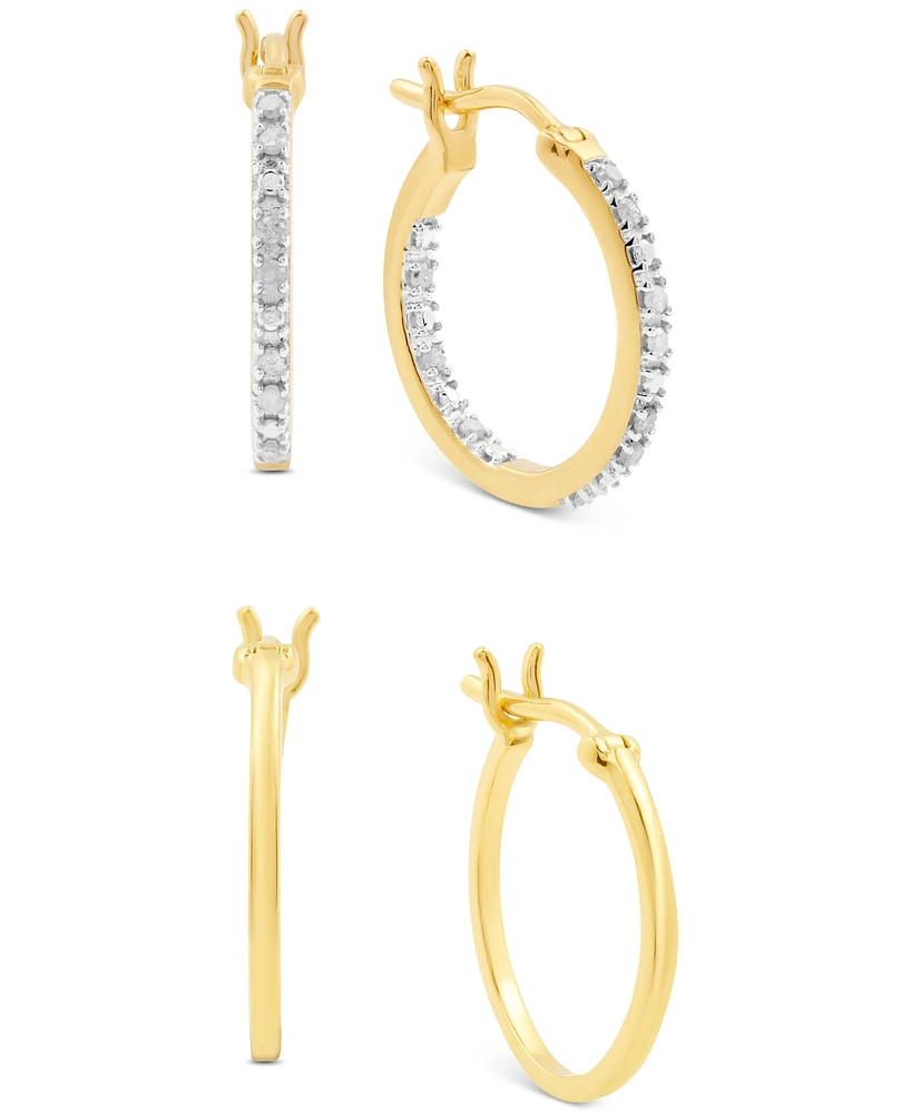 2-Pc. Set Diamond In & Out and Polished Small Hoop Earrings (1/6 ct. t.w.) in 14k Gold-Plated Sterling Silver