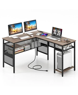 Skonyon L-Shaped Computer Desk with Charging Station and Adjustable Shelf-Gray