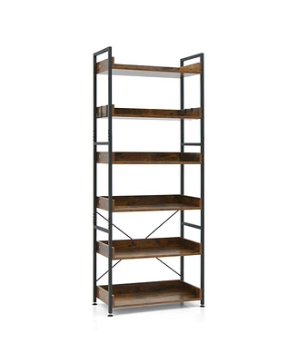 Skonyon 6-Tier Tall Industrial Bookcase with Open Shelves and 4 Hooks-Brown