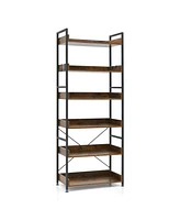 Skonyon 6-Tier Tall Industrial Bookcase with Open Shelves and 4 Hooks-Brown