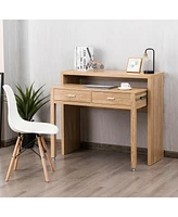 Extendable Computer Desk with Pull Out Secondary Desk-Natural