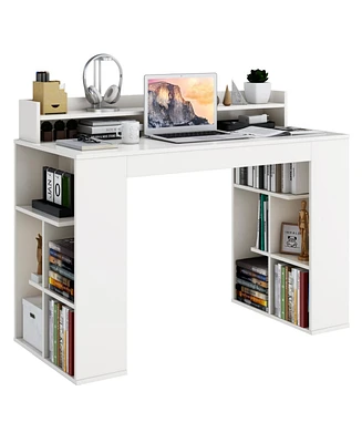 Skonyon Computer Desk with Dual 3-Tier Bookshelf and Monitor Shelf-White