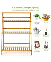 Costway Bamboo Ladder Plant Stand 3-Tier Foldable Flower Pot Display Shelf Rack