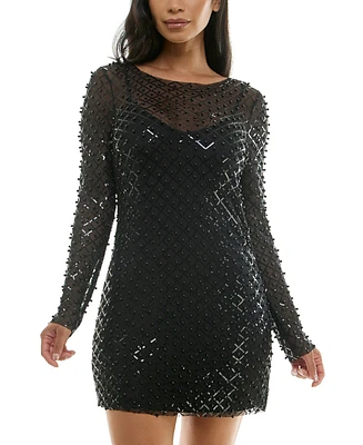 City Studios Juniors' Illusion Pearl-Sequin Mini Dress