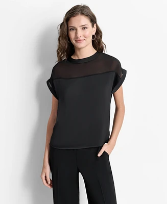 Dkny Women's Mixed-Media Extended-Shoulder Blouse