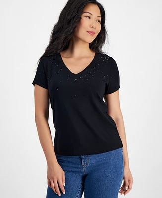 I.n.c. International Concepts Petite Embellished V-Neck T-Shirt, Created for Macy's