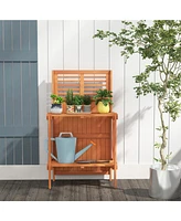 Sugift Folding Garden Potting Bench with 2-tier Storage Shelves