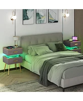 Sugift Nightstand Sofa Side Tables with Charging Station and 2 Drawers and Led lights-Gray