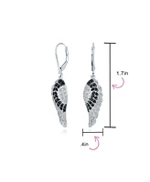 Two Tone Spiritual Guardian Angel Wing Feather Cubic Zirconia Black White Cz Lever back Earrings For Women