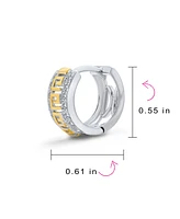 Bling Jewelry Two Tone Greek Key Cutout Huggie Hoop Earrings For Women Cubic Zirconia Cz Gold Plated Sterling Silver - Clear gold