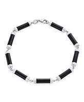 Bling Jewelry Asian Style Black Natural Onyx Strand Tube Bar Link Bracelet For Women Sterling Silver 7.5 Inch