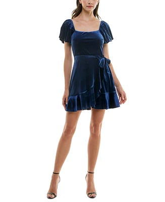 Trixxi Juniors' Puff-Sleeve Faux-Wrap Velvet Dress